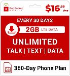 Red Pocket Prepaid Wireless Phone Plan+SIM: Unlmtd Everything 2GB LTE $199 (org $340)