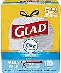 110-ct 13-Gal. Glad OdorShield Drawstring Trash Bags $10.20