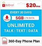Red Pocket Prepaid Wireless Phone Plan+Kit: Unlmtd Everything 5GB LTE Ultimate Plan-1 Year $195