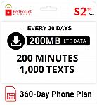 360-Day Red Pocket CDMA-S Prepaid Plan: 200 Talk, 1000 Text & 200MB Data/Month $27