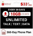 Red Pocket Prepaid Wireless Phone Plan+Kit: Unlmtd Everything + 10GB LTE $25.75/mo ($309 a year)
