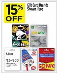 15% Off Gift Cards (Uber, Subway, Taco Bell, Dairy Queen, Sonic)