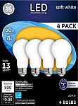 4-Pack GE 800-Lumen, 8W Dimmable A19 LED Light Bulb (60W Eq) $4 + Free Shipping