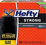 74-Count 30-Gallon Hefty Strong Multipurpose Garbage Bags $12