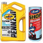 5-Qt Pennzoil 10W30 Full Synthetic Platinum Motor Oil + Scott Shop Towel $17 & More