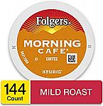 144 Count Folgers Morning Café Coffee, Mild Roast, K Cup Pods for Keurig Coffee Makers, $31.65