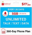 Red Pocket Prepaid Wireless Phone Plan+Kit: Unlmtd Everything 5GB LTE Ultimate Plan-1 Year $210 ($17.50/ Month)