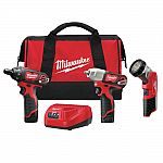 Milwaukee 2491-23 M12 Cordless 3-Tool Combo Kit (Screwdriver, Impact Wrench, Work Light + 2 Batteries) $149