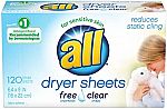 120-Ct all Fabric Softener Dryer Sheets for Sensitive Skin, Free Clear $3.77