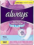 Amazon: Buy 1 Get 1 50% Off Select Household items: 2 x 162 Always Thin Daily Wrapped Liners $9.99 and more