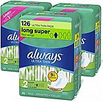 126-Ct Always Ultra Thin Feminine Pads with Wings for Women (Size 2) (2 for $27.89) & More