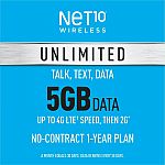 360-Day Net10 Prepaid Wireless Phone Plan + SIM - Unlimited Talk & Text 5GB $150 & More