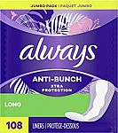 108-Count Always Anti-Bunch Xtra Protection Panty Liners (Long, Unscented) $5.25