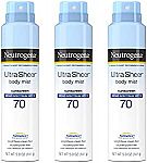 3-pack Neutrogena Ultra Sheer Body Mist SPF 70 Sunscreen Spray (5 oz) $18.62