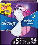 54-Ct Always Radiant Feminine Pads Size 5 Extra Heavy Overnight $15.41 and more