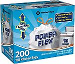 200 Count Member's Mark Power Flex Tall Kitchen Drawstring Bags $11.40