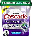 62-Ct Cascade Platinum Plus ActionPacs Dishwasher Detergent Pods $15.30 or $12.30