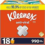 18-Boxes 55-Ct Kleenex Anti-Viral Facial Tissues $20 and more