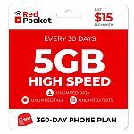 360-Day Red Pocket Prepaid Plan: Unlimited Talk & Text + 5GB High Speed / Mon $120