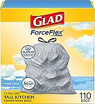 110-Count 13-Gal Glad Tall Kitchen Drawstring Trash Bags $12.79