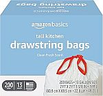 200-Ct 13-Gal Amazon Basics Tall Kitchen Drawstring Trash Bags $16.65