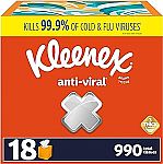 18-Pack 55-Ct Kleenex Anti-Viral 3-Ply Facial Tissues $15