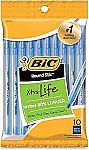 10-Pack BIC Round Stic Ball Pens Stick, (Black or Blue) $1.23