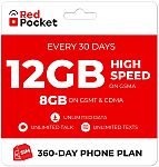 RedPocket Prepaid Plan: 360 day UnIimted Everything, GSMA 12GB (GSMT & CDMA 8GB) $200