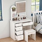5-Drawers White Makeup Vanity Table Wooden Dressing Desk With Mirror and Shelves $106 + Free Shipping