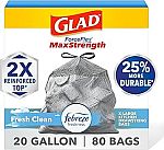 80-Ct 20-Gal Glad ForceFlex MaxStrength Kitchen Trash Bags $13