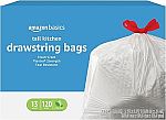 120-Ct 13-Gal Amazon Basics Flextra Tall Kitchen Drawstring Trash Bags $10.64