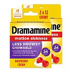 24-Count Dramamine Chewable Less Drowsy, Motion Sickness Relief Tablets $4.70 and more