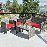 Costway 4PCS Patio Rattan Conversation Glass Table Top Cushioned Sofa Red $134.99