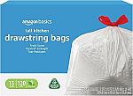 120 Count Amazon Basics Flextra Tall Kitchen Drawstring Trash Bags $11.07