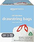 200-Ct 13-Gal Amazon Basics Tall Kitchen Drawstring Trash Bags $15.45