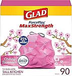 4 x 90 Ct Glad ForceFlex MaxStrength Drawstring Trash Bags, 13 Gal $48.60 + $15 Amazon Credit