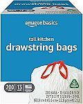 200-Count Amazon Basics 13 Gallon Tall Kitchen Drawstring Trash Bags $12.64