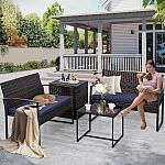 4-Piece EarlGrove Wicker Patio Conversation Set w/Blue Cushions $160.38
