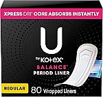 80 Count U by Kotex Balance Wrapped Panty Liners $2