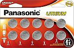 10-Pack Panasonic CR2032 3V Lithium Coin Cell Batteries $6.99