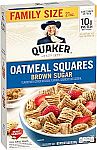 Quaker Oatmeal Squares Breakfast Cereal, Brown Sugar, 21oz Box $2.58