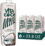 Pack of 6 Vita Coco Organic Coconut Milk, Unsweetened, 33.8 Oz $11.39