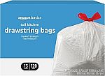 120 Count Amazon Basics Flextra Tall Kitchen Drawstring Trash Bags, 13 Gallon $10.40