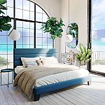 Elison Platform Queen Bed with Fabric Upholstered Headboard and Wooden Slats $160 and more