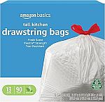 90 Count Amazon Basics 13 Gallon Tall Kitchen Drawstring Trash Bags $8