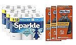3 x 40 ct Hefty 30 Gallon Large Trash Bags + 18 Rolls Sparkle Paper Towels $46.65 + $15 Amazon Credit