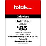 Total by Verizon 3 Devices 30-Day Prepaid Plan - Unlimited Talk/Text, 60GB Data, 10GB Hotspot Per Device $11.04