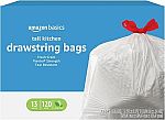 120 Count 13 Gallon Amazon Basics Flextra Strength Tall Kitchen Drawstring Trash Bags $8.42